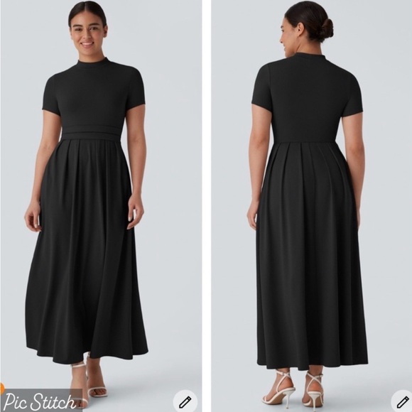 HALARA Dresses & Skirts - Halara Stand Collar Short Sleeve Pocket Flare Maxi Dress Black
